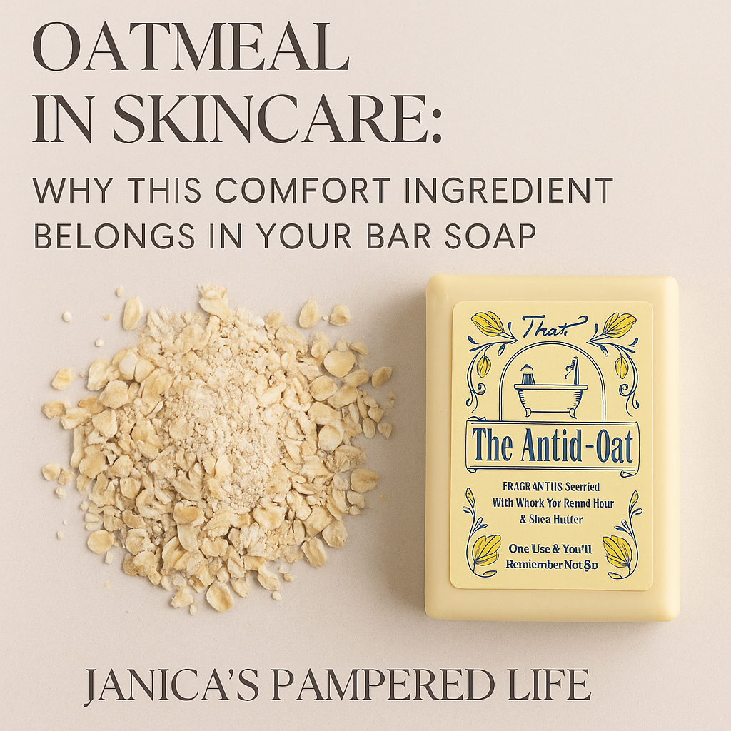 Bar of Perfectly Posh’s That Antid-Oat Chunk soap placed beside a pile of colloidal oatmeal on a soft beige background. Overlay text reads “Oatmeal in Skincare: Why This Comfort Ingredient Belongs in Your Bar Soap.” Branded with Janica’s Pampered Life at the bottom. Let me know if you'd like a slightly more playful or Pinterest-friendly version too! 🌾