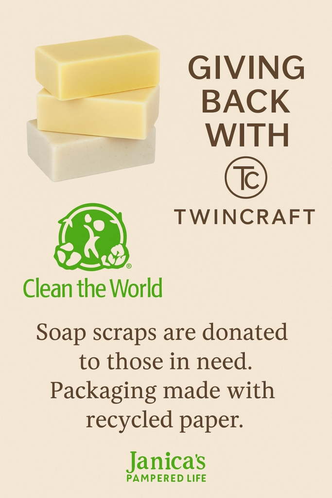 A graphic showing three stacked soap bars with the text “Giving Back with Twincraft.” The Clean the World logo appears below, along with the message: “Soap scraps are donated to those in need. Packaging made with recycled paper.” The image is branded with “Janica’s Pampered Life” at the bottom.
