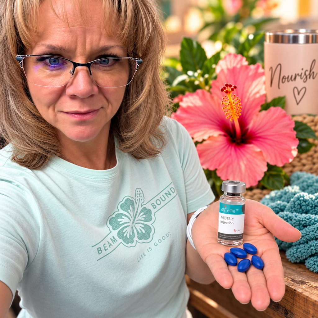 Janica holding a vial of EllieMD MOTS-c with Perga CoreBlue tablets in her palm, next to a pink hibiscus and a Nourish tumbler