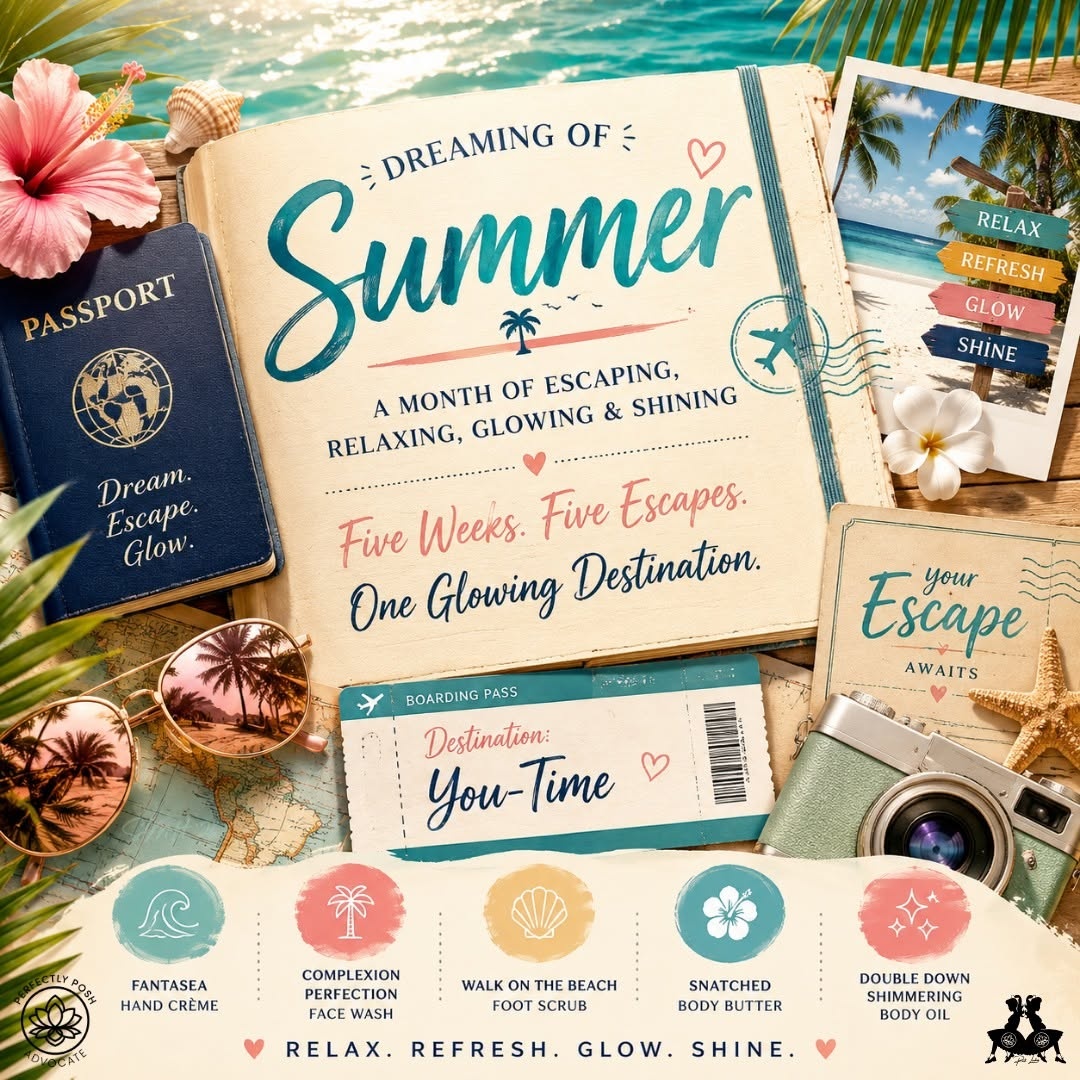 July is almost here and we're going somewhere good. 🌊

This month I'm taking you on five little escapes ~ no passport required, no packing stress. Just good products, real stories, and a whole lot of summer fun.

ᗯᗴᗴᛕ ౹: ᗪᗴᔕ丅Iᑎᗩ丅Iᗝᑎ ᖴᗩᑎ丅ᗩᔕᗴᗩ

Five weeks. Five escapes. One glowing destination.

Where would YOU go if you could escape right now?

#janicaspamperedlife #perfectlyposh #dreamofsummer #selfcaresummer #handcreme