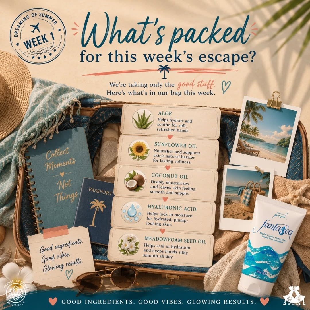 Every good escape needs the right bag. 🌊

Here's what's packed in Fantasea ~ aloe, sunflower oil, coconut oil, hyaluronic acid, and meadowfoam seed oil. The good stuff. Lightweight, fast~absorbing, and actually works.

Good ingredients. Good vibes. Glowing results.

#janicaspamperedlife #perfectlyposh #fantasea #goodingredients #skincare