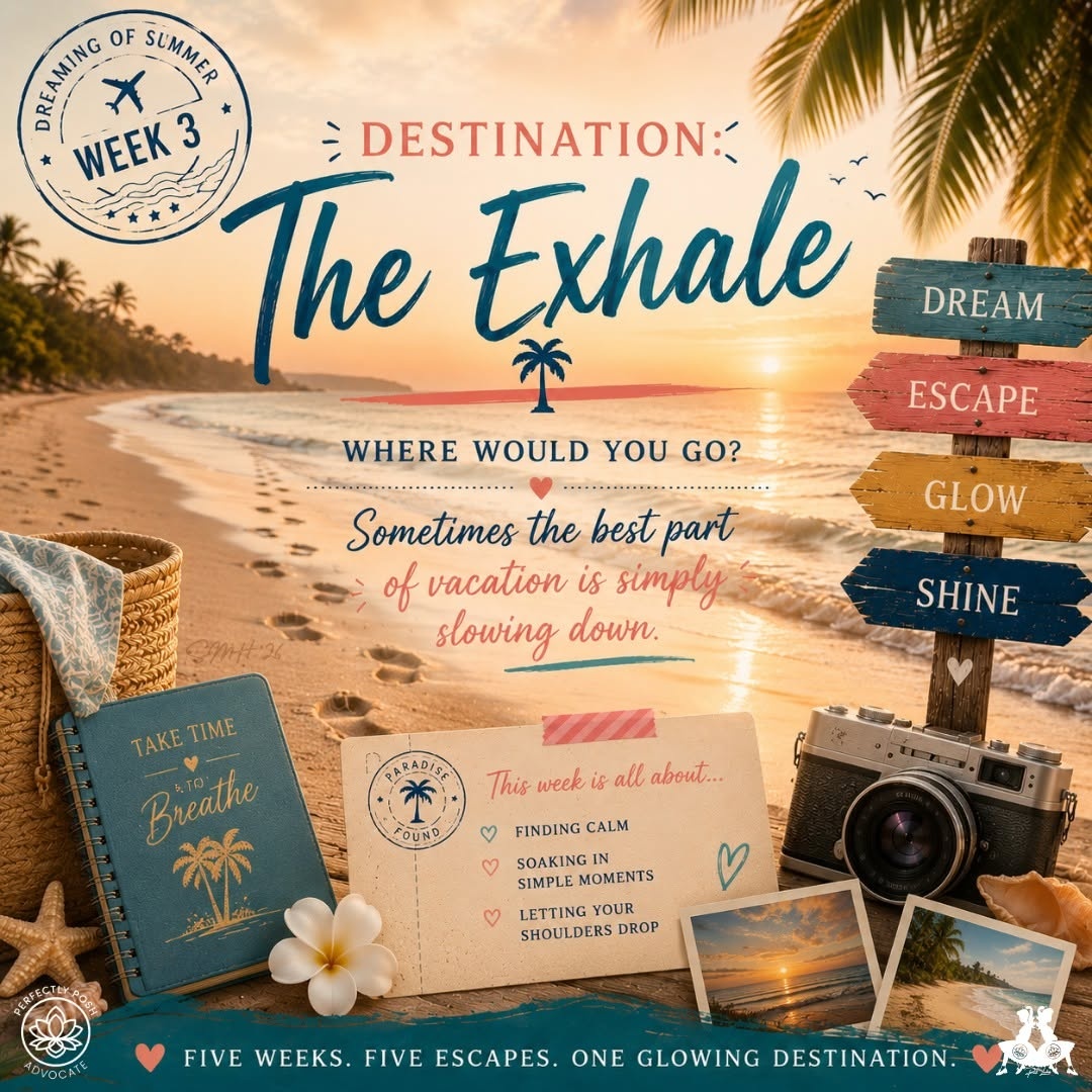 Week 3 is here and this one feels different. 🌿

No rushing. No agenda. Just slowing down and actually enjoying the moment.
Destination: 𝐓𝐡𝐞 𝐄𝐱𝐡𝐚𝐥𝐞.
Sometimes the best part of summer is simply putting your feet up and breathing.
Where do you go when you need to exhale?

#janicaspamperedlife #perfectlyposh #dreamofsummer #theexhale #selfcare