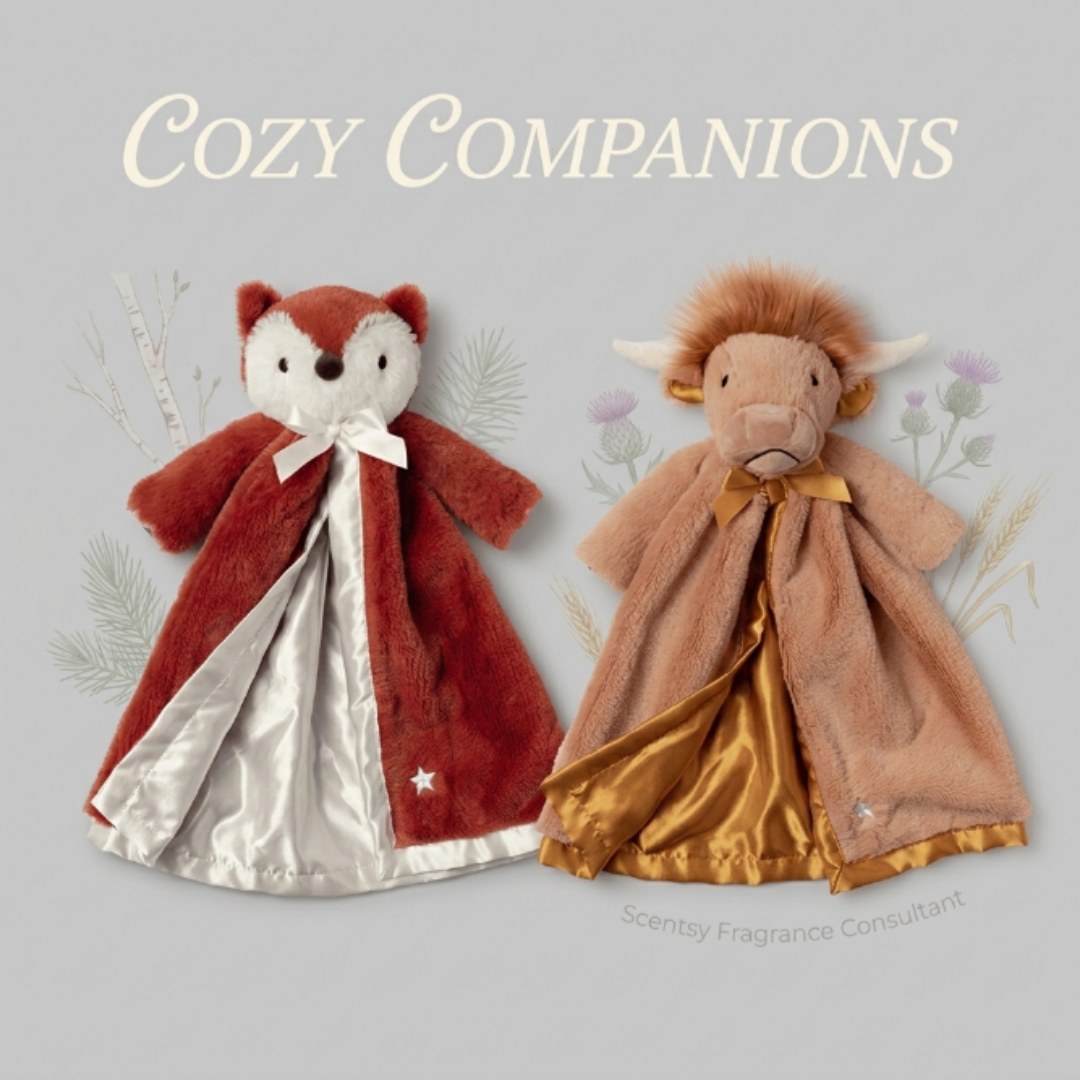 🧸 Meet your new favorite snuggle buddies 

Blankie Buddies pair a soft plush friend with a silky blanket and a gentle baby safe scent, made for nap time and endless cuddles 💕
🦊 Finn the Fox
🐮 Hamish the Highland Cow

Both scented in Cashmere & Corduroy... creamy vanilla, Sicilian bergamot, and cashmere sandalwood
Finn or Hamish? 👇

#BlankieBuddy #BabyGiftIdeas #ScentsyFamily #CozyCuddles #janicaspamperedlife