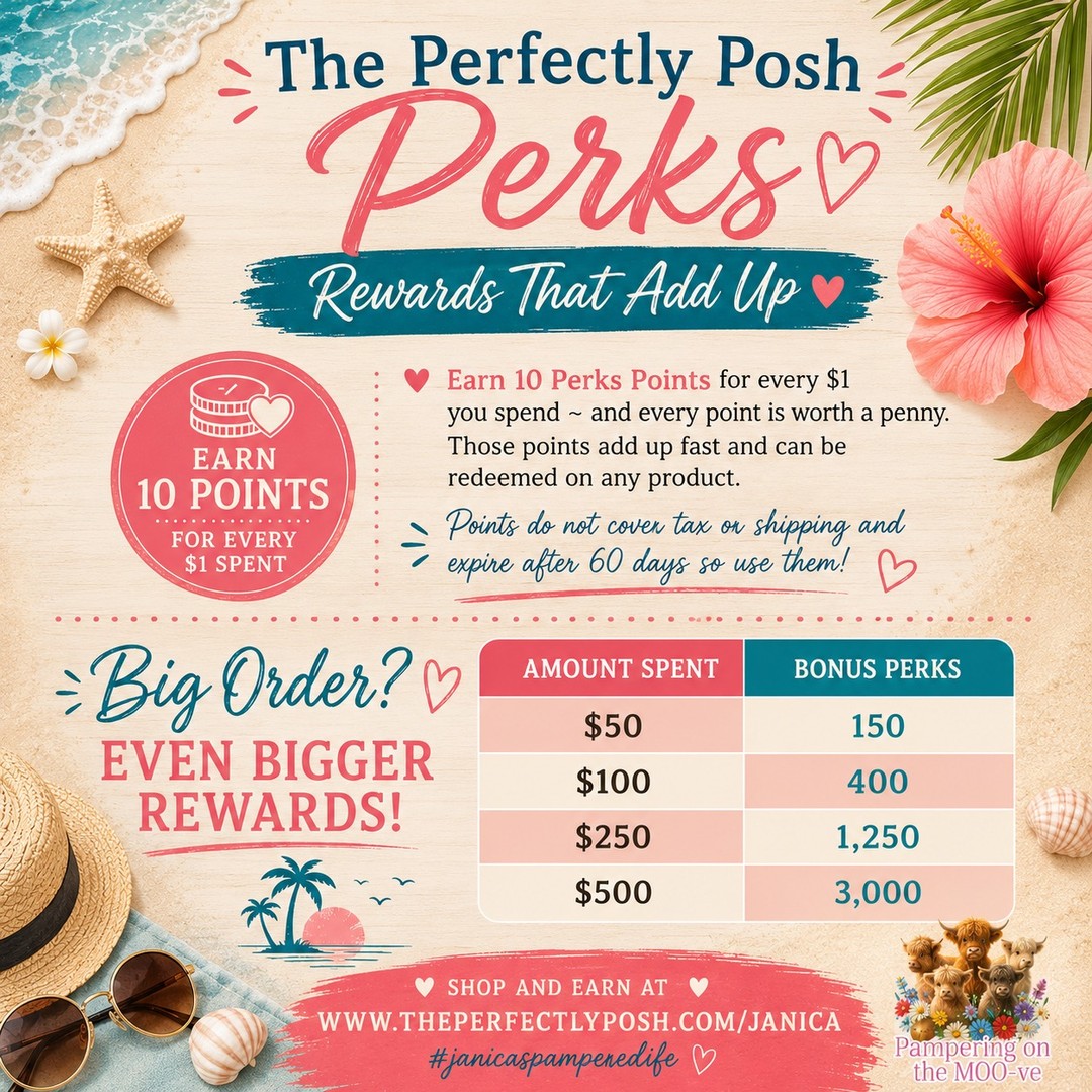 Did you know every time you shop Perfectly Posh you're earning rewards? 💛

10 Perks Points for every $1 you spend ~ and every point is worth a penny. They add up fast and can be redeemed on any product.

Plus bonus points on larger orders that make stocking up even more worth it.

Link in bio to shop and start earning!

#janicaspamperedlife #perfectlyposh #perksrewards #shopandlearn #skincare