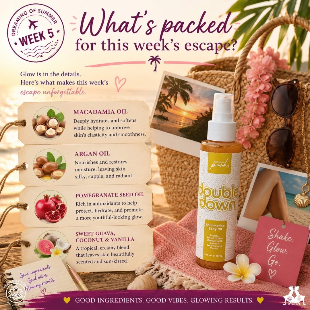 Here's what's packed in Double Down this week. 🤍

Macadamia oil ~ ultra~hydrating, absorbs easily, delivers deep moisture without clogging pores. Argan oil ~ nourishes and restores, leaves skin silky and radiant. Pomegranate seed oil ~ antioxidant rich, helps protect and promote a more youthful glow.

Three incredible oils working together underneath that beautiful shimmer.

Good ingredients. Good vibes. Glowing results.

#janicaspamperedlife #perfectlyposh #doubledown #goodingredients #skincare