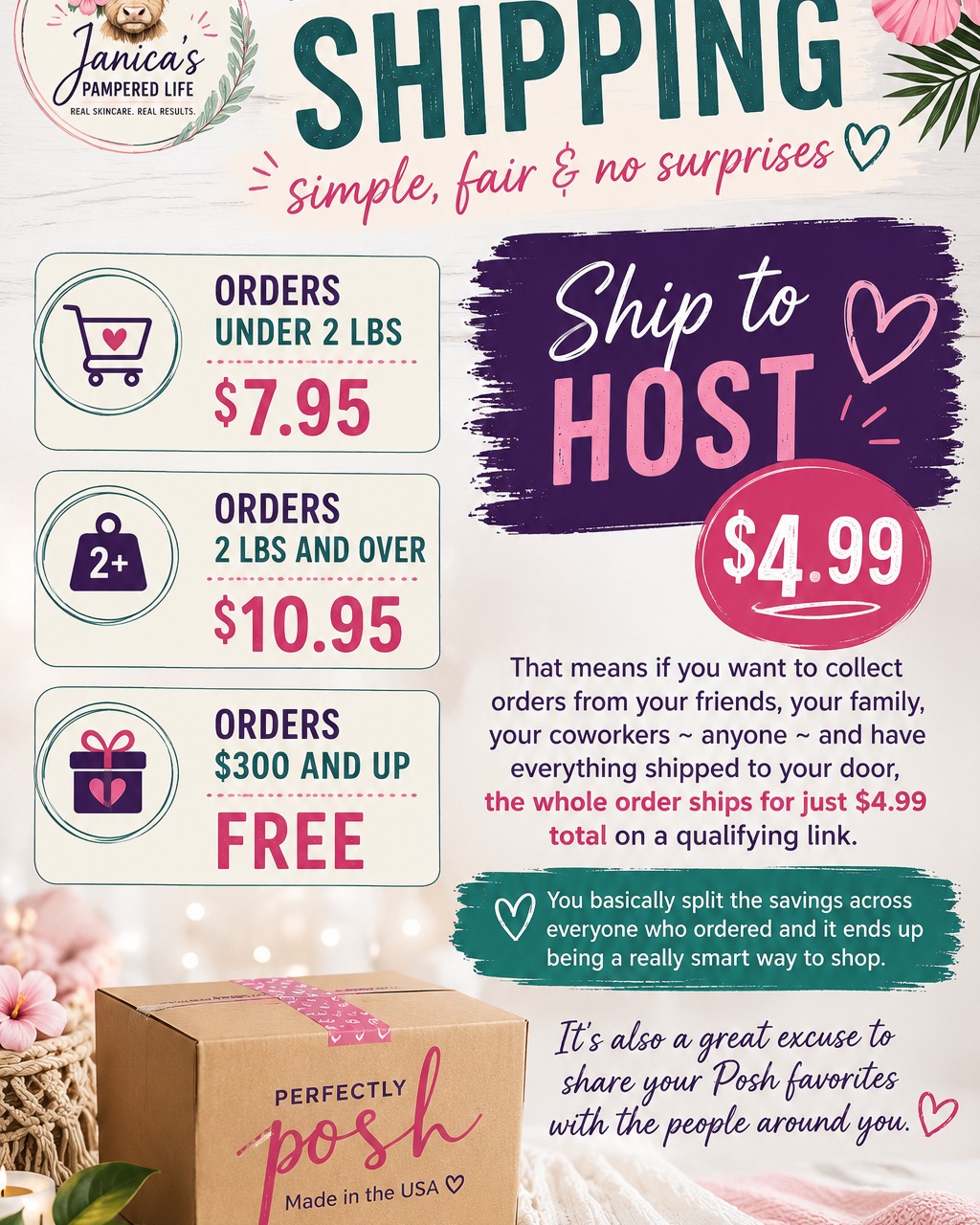 Simple, fair, no surprises ~ that's how Perfectly Posh handles shipping now. 🤍

Orders under 2 lbs ~ $7.95
Orders 2 lbs and over ~ $10.95
Orders $300+ ~ FREE

And here's a tip most people don't know about ~ if you host a link party and collect orders from local friends, everything ships to your door for just $4.99 total. That's a really smart way to save.

Link in bio to shop!

#janicaspamperedlife #perfectlyposh #shipping #shopsmall #skincar