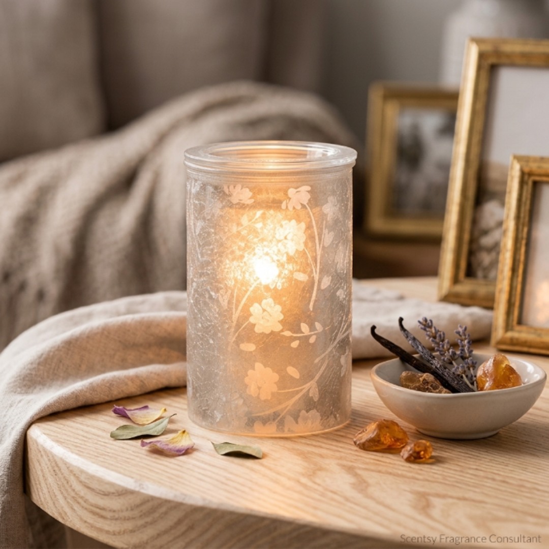 Elegance is in the details💛 
The Silver Stem Warmer is stopping me mid scroll

Soft metallic florals across textured glass, glowing warm and graceful when lit... it's giving timeless in the best way

Silver, gold, bronze, or a mix of it all? Tell me your metallic vibe 🌿

#homedecor #elegantliving #janicaspamperedlife #scentsy #cozyhome