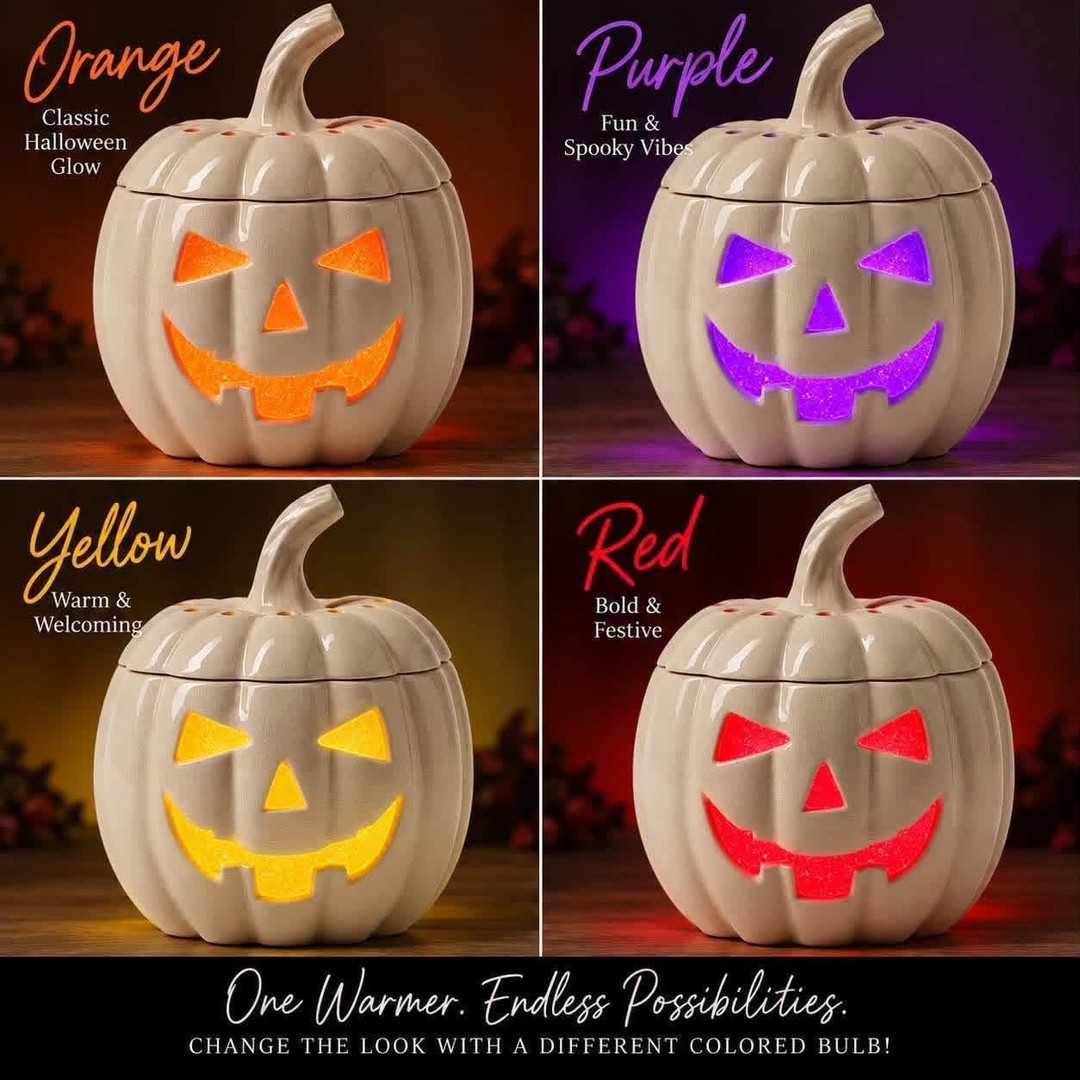 ONE warmer. FOUR completely different vibes 🎃

Meet the Jack's Glow Warmer~ same pumpkin, totally new mood depending on which colored bulb you pop in.
🟠 Orange: classic Halloween glow
🟣 Purple: fun & spooky
🟡 Yellow: warm & welcoming
🔴 Red: bold & festive

Which glow are you?

Shop link in bio

#Scentsy #Halloween #JacksGlow #ScentsyFall