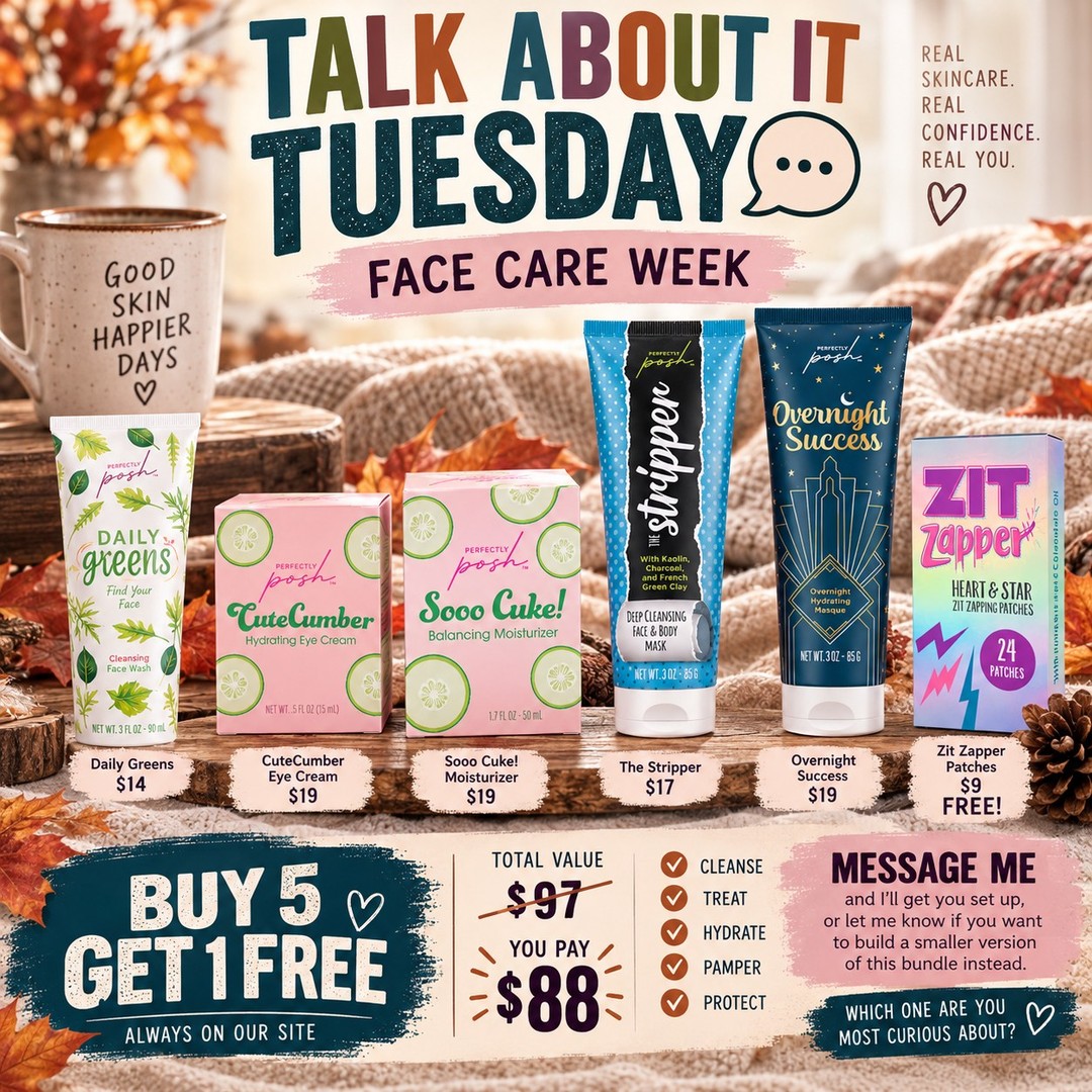 Let's talk face care 🤍 Reminder, we always run buy 5 get 1 free on our face favorites, so it's a great week to stock up:

Daily Greens Cleansing Face Wash $14 CuteCumber Hydrating Eye Cream $19 Sooo Cuke! Balancing Moisturizer $19 The Stripper Deep Cleansing Mask $17 Overnight Success Hydrating Masque $19 Zit Zapper Patches, FREE (normally $9)

Total value $97, you pay $88 💸 

#selfcareyourway #theperfectlyposh #janicaspamperedlife