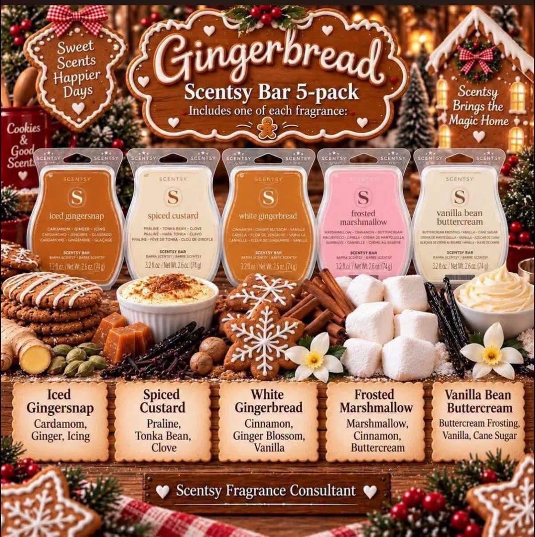 🍪 The Gingerbread Scentsy Bar 5-Pack is here, and it smells like a cookie exchange.
🍪 Iced Gingersnap ~ cardamom, ginger, icing
🍪 Spiced Custard ~ praline, tonka bean, clove
🍪 White Gingerbread ~ cinnamon, ginger blossom, vanilla
🍪 Frosted Marshmallow ~ marshmallow, cinnamon, buttercream
🍪 Vanilla Bean Buttercream ~ buttercream frosting, vanilla, cane sugar
One of each in every pack. Shop link in bio!

#Scentsy #Gingerbread #HolidayScents #ScentsyHoliday
