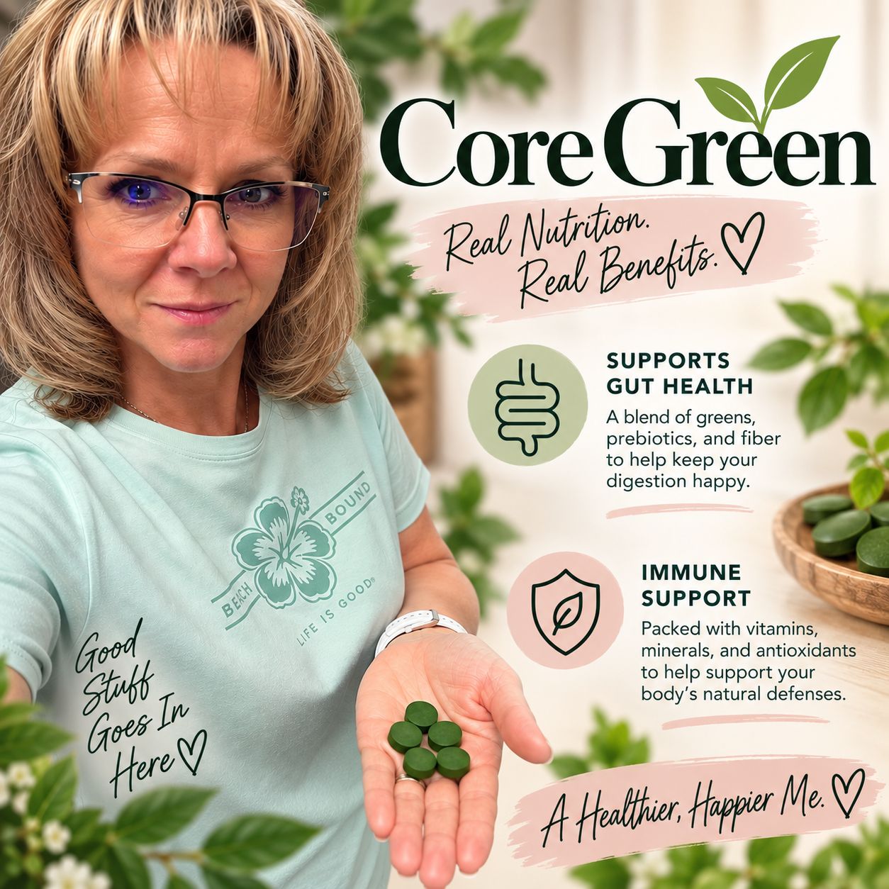 CoreGreen, the cellular clean up crew.

This is the one I take right before bed, chlorella and a big vitamin and mineral blend. What I've actually noticed is my sleep. I'm not waking up as much in the night, and my sleep score has actually gone up since starting it. My gut has also felt more settled overnight, less of that unsettled feeling in the mornings.

Can't tell you it's the detox angle specifically doing that, I'm not a scientist lol, but between the sleep and how my gut feels by morning, this one's earned its spot in my nightly routine. 🤍