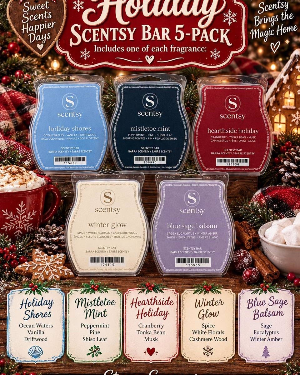 ❄️ The Holiday Scentsy Bar 5-Pack is here, and it covers every kind of holiday mood.
❄️ Holiday Shores ~ ocean waters, vanilla, driftwood
🌲 Mistletoe Mint ~ peppermint, pine, shiso leaf
🍷 Hearthside Holiday ~ cranberry, tonka bean, musk
🕯️ Winter Glow ~ spice, white florals, cashmere wood
🌿 Blue Sage Balsam ~ lemon, eucalyptus, white amber
One of each in every pack. Shop link in bio!

#Scentsy #HolidayScents #ScentsyHoliday #WinterScents