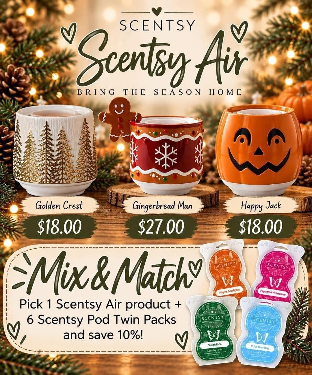 Bring the season home with Scentsy Air! 🎃🎄

Golden Crest $18, Gingerbread Man $27, Happy Jack $18

Get 1 Scentsy Air + 6 Pod Twin Packs and save 10%! DM me to grab yours 🤎

#scentsy #scentsyair #scentsypods #holidayhome #janicaspamperedlife